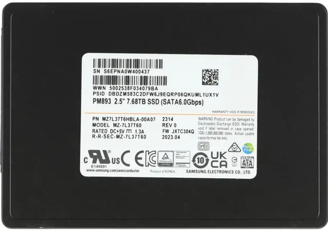Samsung PM9A3 MZQL27T6HBLA-00A07: 7.68TB, U.2, PCIe Gen4 x4, 2.5-inch SSD
